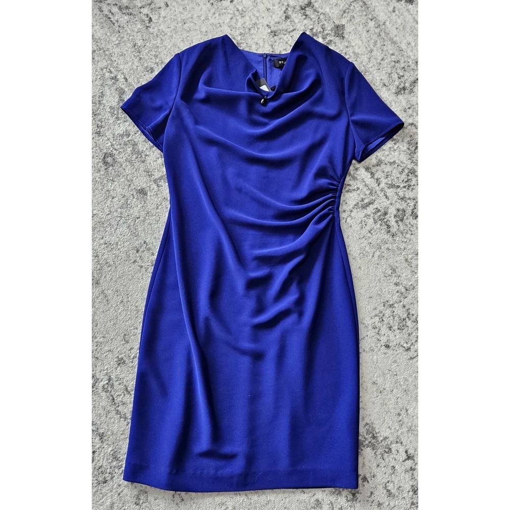 St John royal blue cowl neck jewel detail ruched sheath dress NWT